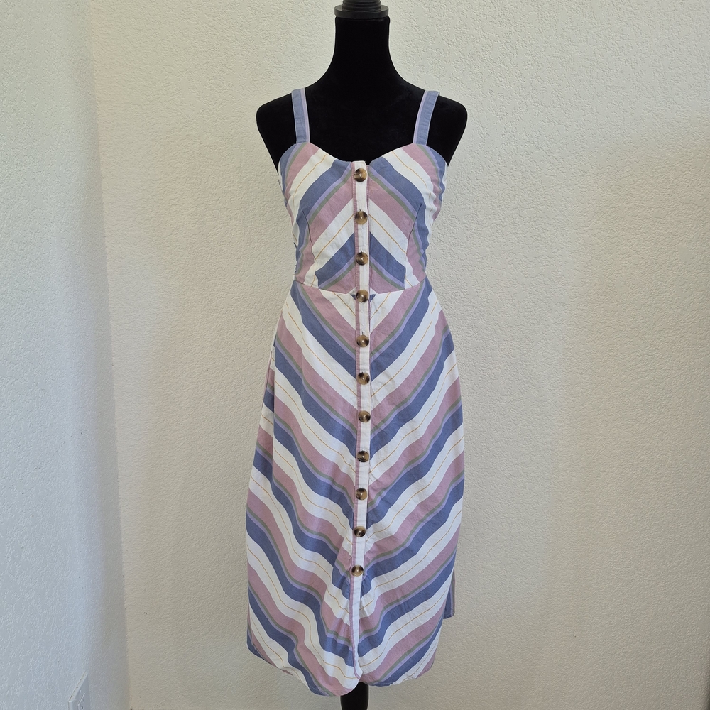 Striped Button-Front Sundress in Pastel Blue, Pink & White